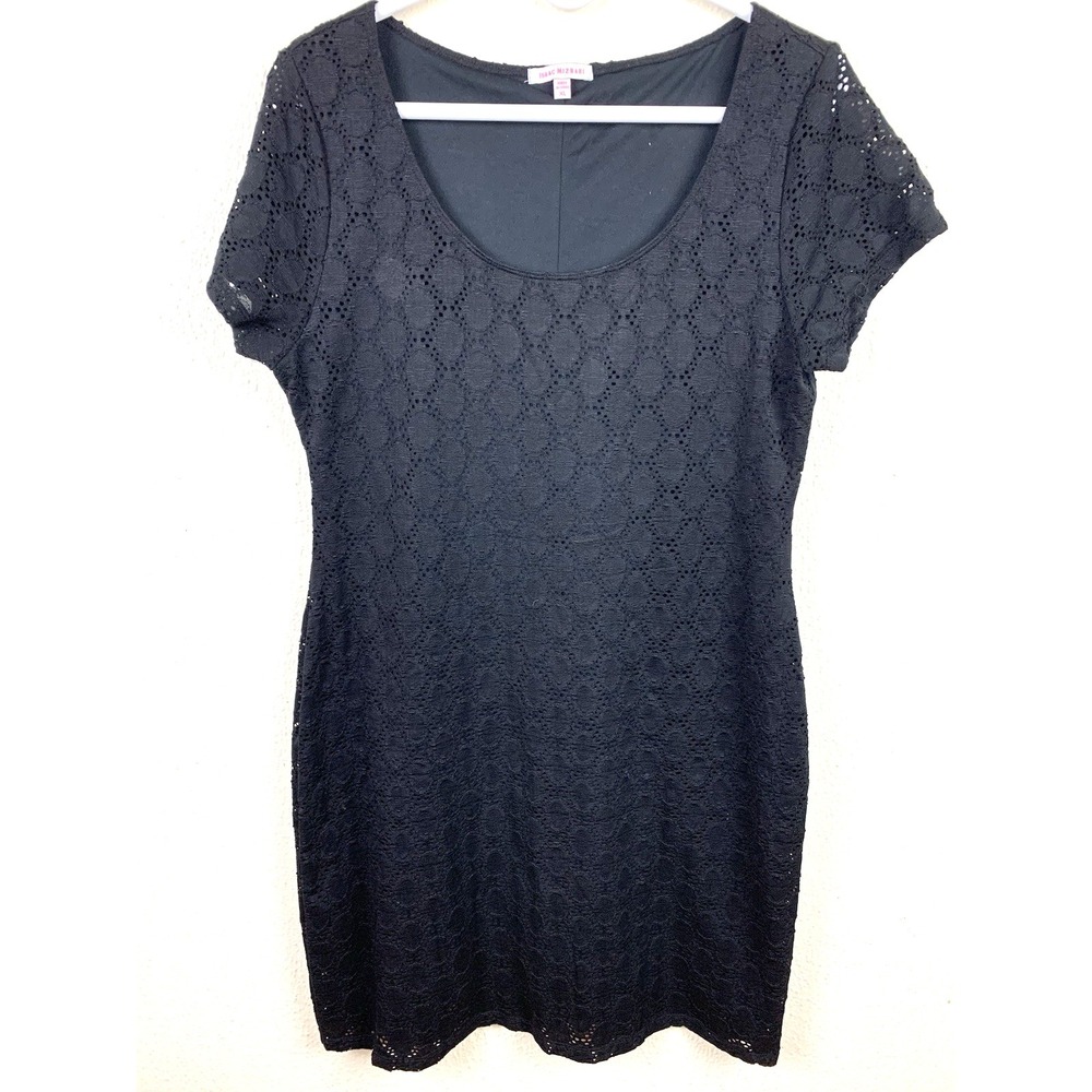 Isaac Mizrahi women's dress XL black lace black liner full figure mid black tie